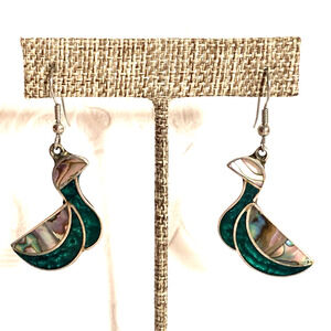 Alpaca Mexico Abalone Duck Earrings Green Enamel Inlay Artisan Pierced Dangles